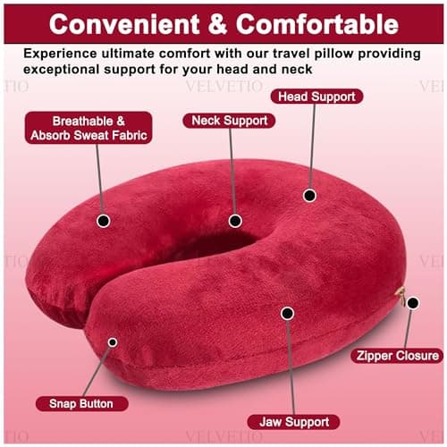 VELVETIO Memory Foam Neck Pillows for Sleeping, Lightweight U Shape Head Support Travel Pillow for Airplane, Soft Removeable Cover Ideal for Car & Office, Red — view 3