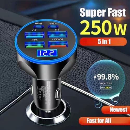 Super Fast Charge USB C Car Phone Charger Adapter 6 in 1 with Voltage Display 250W Multi Port Cigarette Lighter USB Charge for iPhone 16 15 14 13 12 11 Samsung Galaxy Huawei Oneplus Oppo Vivo — view 3