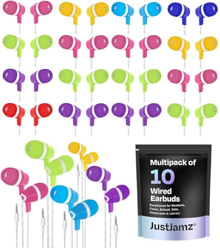 JustJamz Bulk Earbuds Bubbles 10 Pack of Colorful in-Ear Earbuds Mixed Colors Pack of Wired in-Ear Earphones Compatible with Smartphones for Schools, Kids, Classrooms & Libraries