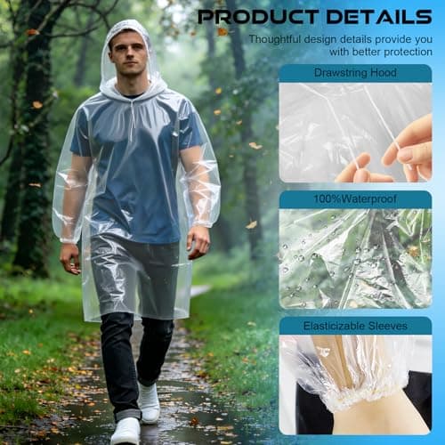 Poncho Waterproof Adult 3 Pack - Thickened Disposable Family Pack Rain Ponchos Waterproof Clear Raincoats Adult Kids Rain Coats With Hood & Sleeves for Outdoor Concert, Camping, Theme Park, Hiking — view 4