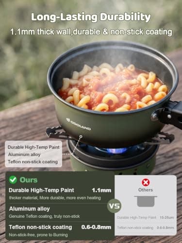Odoland 5pcs Camping Cookware Mess Kit, Non-Stick Lightweight Pot Pan Kettle Set with a removable handle - Perfect for Backpacking, Camping, Hiking, and Picnic Green — view 5