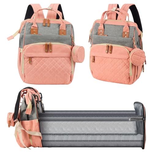 Minifactory Baby Changing Backpack with Changing Mat, Large Capacity Nappy Bag Backpack with 14 Organised Pockets, Waterproof Diaper Bag, Insulated Bottle Holder, USB Charging Port (Pink)