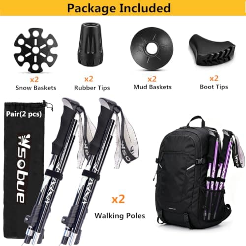 Trekking Pole, Collapsible Walking Hiking Stick for Men Women, Ultralight Aluminum Ski Pole with EVA Grip (Black-Pair(2 pcs)) — view 3