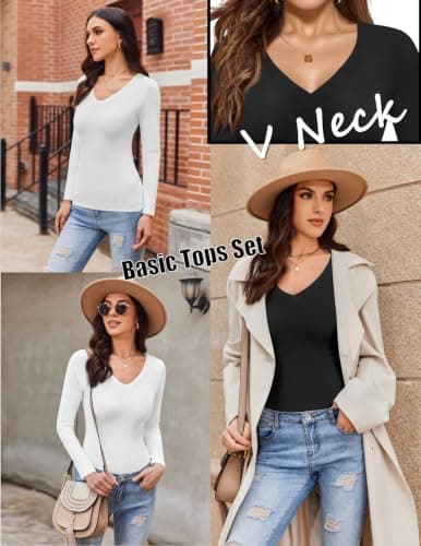 Ekouaer Womens 1&3 Pack Long Sleeve Shirts Sexy V Neck Tee 1pcs Black L — view 2