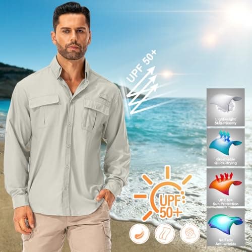mosingle Men's Long Sleeve Hiking Shirt, Sun UV Protection Safari Fishing Outdoor Shirt Quick Drying Lightweight Walking Travel Shirts #5053-Light Khaki-M — view 3