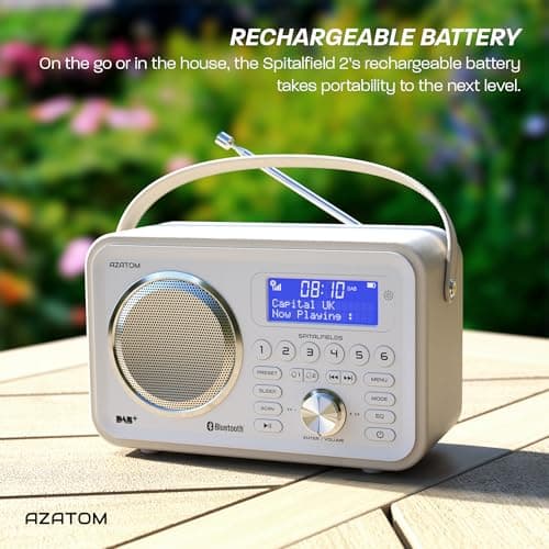 DAB/DAB+ & FM Portable Digital Radio | Leather Design | Bluetooth | Rechargeable Battery | Dual Alarms & Sleep Timer | Perfect for Home, Office or Outdoors | AZATOM Spitalfields 2 (White) — view 6