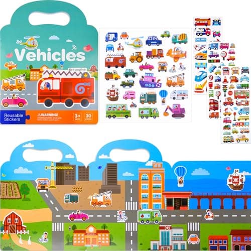 NEBURORA Reusable Puffy Sticker Book for Kids - 88 Pcs Waterproof Vehicle Scenes, Vibrant Colorful Travel and Educational Sensory Learning Toy Busy Book
