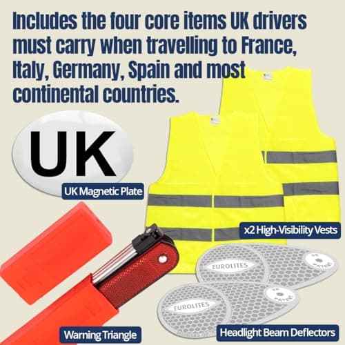 EVAQ8 Europe Travel Driving Kit 2026 Includes the Four Core Items UK Cars Must Carry When Travelling to France, Italy, Germany, Spain: UK Sticker, Warning Triangle, Vests, Headlamp Beam Converters — view 2