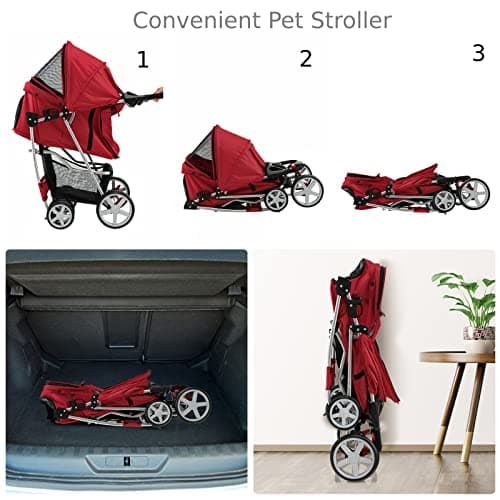 Maxmass Travel Pet Stroller, Foldable Small Medium Sized Dog Cat Trolley with Storage Basket, Safety Belt and Cup Holder, 4 Wheels Puppy Pushchair (Red) — view 2