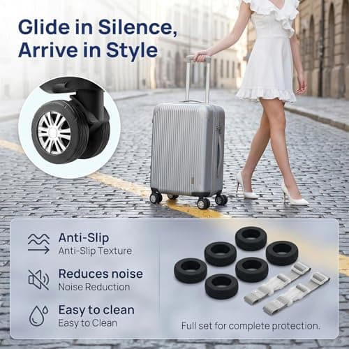 8 Pcs Luggage Wheel Covers with 2 Securing Straps, Silicone Suitcase Wheel Protectors for 2-2.4 Inch Spinner Wheels, Noise Reducing Anti Scratch Anti Slip Covers for Carry-On Travel Luggage, Black — view 3