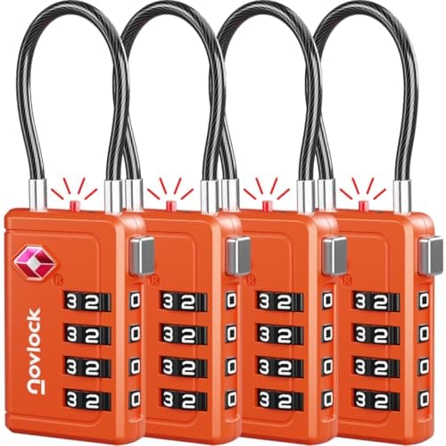 TSA Luggage Locks with Alert Indicator – 4-Digit Travel Padlocks with Flexible Cables for Suitcases, Backpacks & More – Suitcase Locks, 4-Pack, Orange