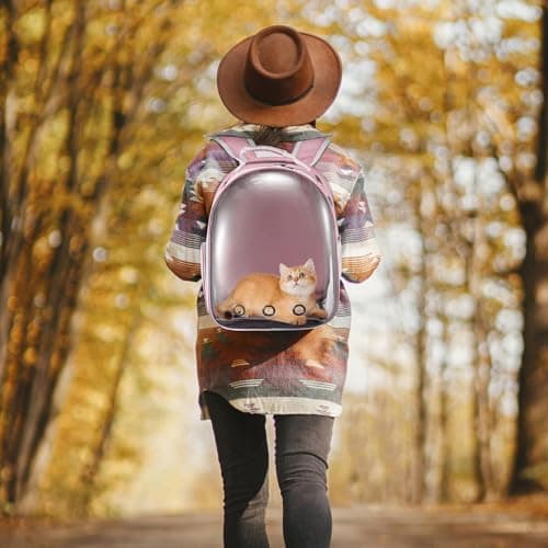 LN COZY CORNER Transparent Bubble Cat Backpack –Space Capsule Pet Carrier Backpack with Hard‑Shell Dome, Breathable Mesh & Padded Straps – Hands‑Free Travel Cat Bag Carrier (Pink) — view 6