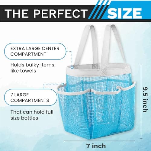 Handy Laundry Mesh Shower Caddy - 7 Pocket Portable Bathroom Organizer Tote for Travel, Gym & Dorm - Collapsible Small Shower Caddy Bag to Hold Toiletries & Essentials (Blue) — view 3