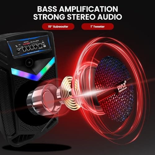 Pyle Portable Bluetooth Karaoke Machine, 1200W Rechargeable Speaker System with 38cm Subwoofer, Mic Input, Party Lights, USB SD Radio, Voice Amplifier, Singing Machine for Kids and Adults — view 2