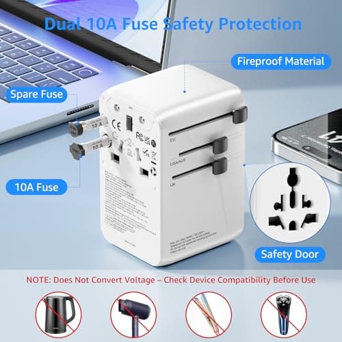 100W GaN Universal Travel Adapter Worldwide, International Travel Plug Adapter with 2PD USB-C & 2QC USB-A, All in One Universal Plug Adapter with Dual 10A Fuses for Laptops, Tablets, Phones — view 5