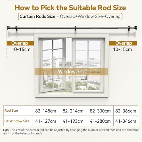 YaFex Curtain Poles 82 to 213 cm, Heavy Duty 25mm Expandable Metal Curtain Pole for Windows, Black Long Curtain Rod with Brackets for Bedroom,Living Room, Easy Installation — view 6