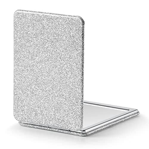 OMIRO Compact Mirror with 1x/3x Magnification, 2-Sided with PU Leather, Pocket Mirror for Wallet, Travel, Gift (Glitter Silver)