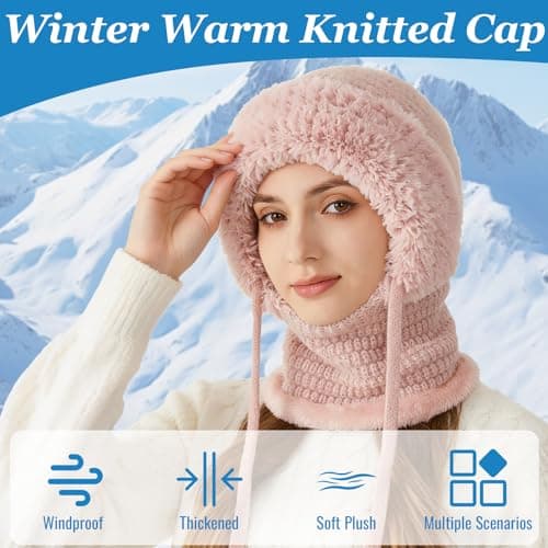 Qoibraze 3 in 1 Beanie Hat for Women Winter Warm Knitted Cap with Neck Warmer Windproof Ajustable Knit Hat and Scarf Set for Women Khaki — view 3