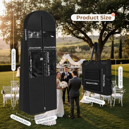 72" Wedding Dress Garment Bag - Long Dress Cover Dustproof Foldable Dress Carrier Travel Bag with Large Mesh Pockets & PVC Transparent Window for Evening Gown Suit Clothes,Black — view 2