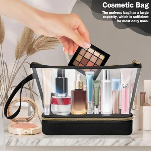 Clear Makeup Bag, Small Makeup Bag with Compartments for Brushes, TSA Approved Waterproof Travel Toiletry Bag, Make Up Bags for Women, Travel Essentials, Black — view 2