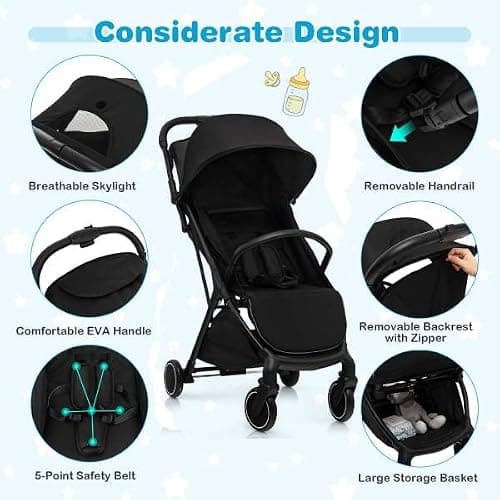 Maxmass Baby Stroller, One Hand Folding Toddler Pushchair with 5-Point Safety Belt, Seat Cover, Backrest, Footrest, Infant Travel Pram Baby Trolley Lightweight Buggy for 0-36 Months Old (Black) — view 2