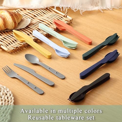 Kyraton Travel Utensils Set for 8, Reusable Plastic Spoons Forks Knives Snapped Together for Portable & Space-Saving Design Cutlery Silverware for Travel, Picnic, Camping, Work, Lunch Boxes — view 3