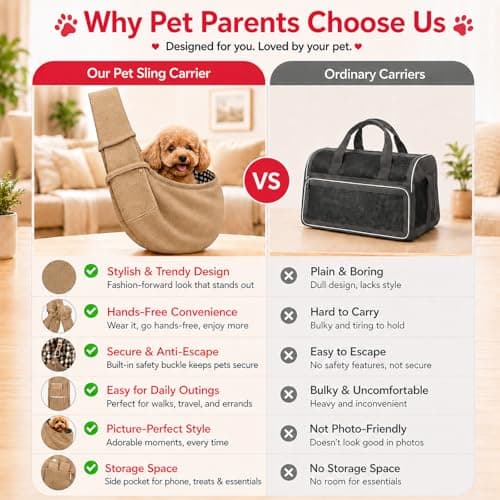 Beige Dog Sling Carrier for Small Pets up to 7.5kg - Adjustable Hands-Free Shoulder Bag with Ergonomic Strap, Secure Clip, Front Zipper Pocket for Comfortable Travel, Outdoor Walks — view 6