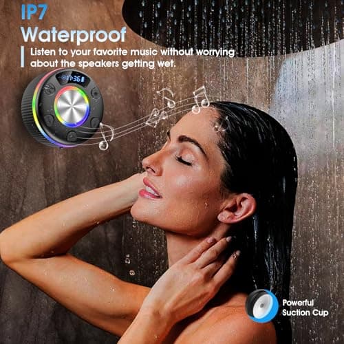 Bluetooth Shower Speaker, 2026 Portable wireless speakers with Led Light, IP7 Waterproof with Suction Cup, 8H Playtime, Stereo Bass, Time Display RGB Lights, Bulit-in Mic, Speaker for Bathroom, Travel — view 4