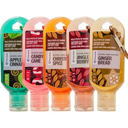 Palm Safe 5 Christmas Pack 60ml Anti Bacterial Premium Hand Sanitiser Travel Size Refillable Clip Bottle Non Sticky Extra Moisturising Kills 99.9% of Bacteria Stocking Filler Scents May Vary — view 4