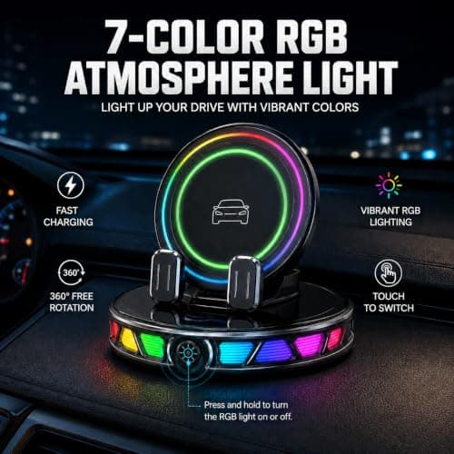 15W Car Charger Mount, RGB Auto-Clamping Phone Holder with Suction Cup — view 3