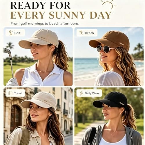 Women's Wide Brim Sun Visor Hat, UPF 50+ UV Protection Cap for Ponytails, Adjustable Packable Breathable Sun Visor Hat for Travel Golf Beach Fishing Daily Wear，Beige — view 6