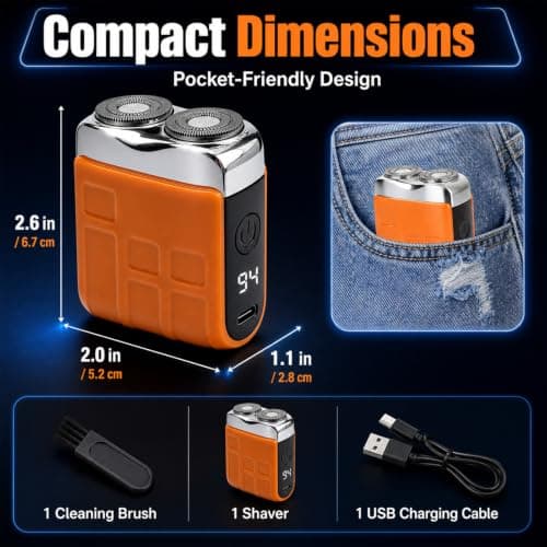 Mini Electric Shaver for Men Portable Travel Razor Cordless Rechargeable Rotary Beard Trimmer IPX5 Waterproof Pocket Power Shaver with Digital Display for Face Grooming Home Office Use Orange — view 5
