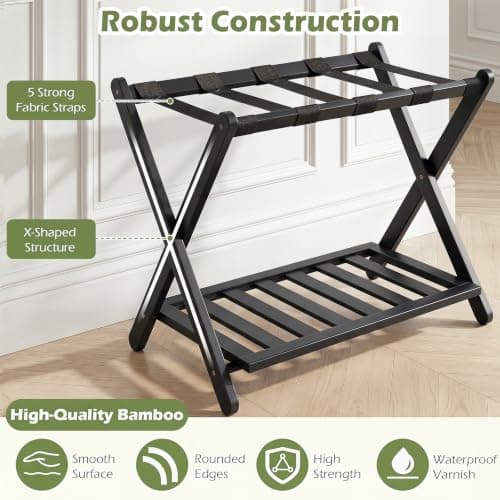 COSTWAY Bamboo Luggage Rack, Folding Suitcase Stand (Black, 1PC) — view 2