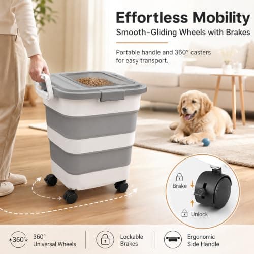 SANNAX Collapsible Pet Food Storage Container 22-24 lbs, Airtight Foldable Dog Cat Dry Food Bin with Detachable Wheels, Handle, Scoop & 1000ml Jar, Space Saving Kitchen Organiser – Grey White — view 3
