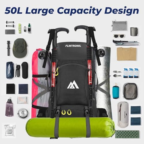 flintronic 50L Backpack, Ultra Lightweight Large Capacity Hiking Backpack, Waterproof Foldable Rucksack for Men Women Hiking Travelling Camping Outdoor Sports (Black) — view 4