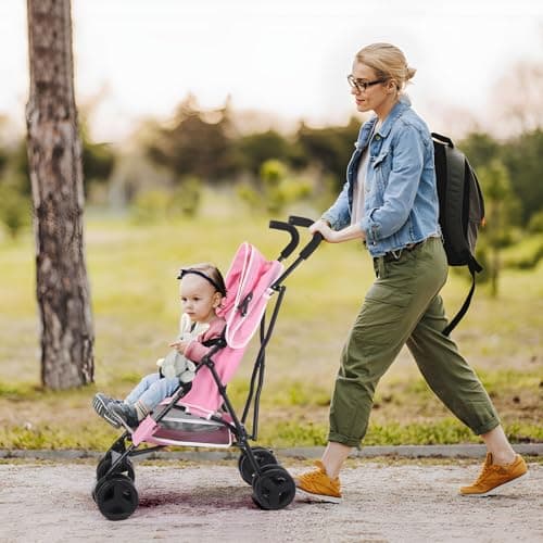 Baby Stroller, Travel Umbrella Stroller with Foldable Pushchair with Adjustable Canopy, Folding Infant Pram Stroller with Storage Basket, Cup Holder, Suspension Wheels for Infants 3-36M(Pink)
