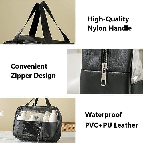 Aucuu 3PCS Clear Toiletry Bag, Wash Bag, Clear PU Makeup Bags, Waterproof Toiletry Travel Bags with Zipper Handle, Portable Airport Cosmetic B-ag for Travel Bathroom Men Women (Black) — view 4