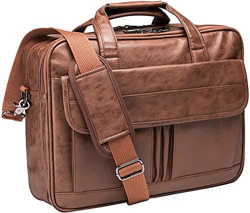 seyfocnia Mens Laptop Bag, PU Leather Messenger Bag Water Resistant Business Travel Briefcase, Work Computer Bag Satchel Bag for Men(17.3 Inch Brown)