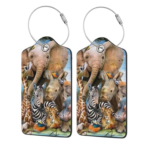 Safari Animals Print Leather Luggage Tags with Stainless Steel Loop Privacy Cover Cute Suitcase Tags for Women Men Travel Bag Suitcase — view 2
