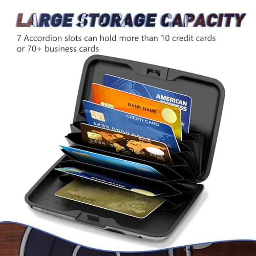 Credit Card Holder, Mini RFID Small Aluminum Card Wallet, Blocking Slim Metal Business Card Case, RFID Blocking Front Pocket Wallet Hard Case Durable CC Holder for Women Men, Retro Music Player — view 4