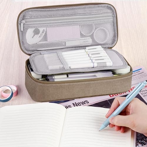 WEMATE Large Pencil Case, Big Capacity Pencil Pouch Stationery Pen Bag, Storage High Capacity Bag Pouch Holder Box Organizer, Marker Pen Case for Women & Men, Brown — view 6