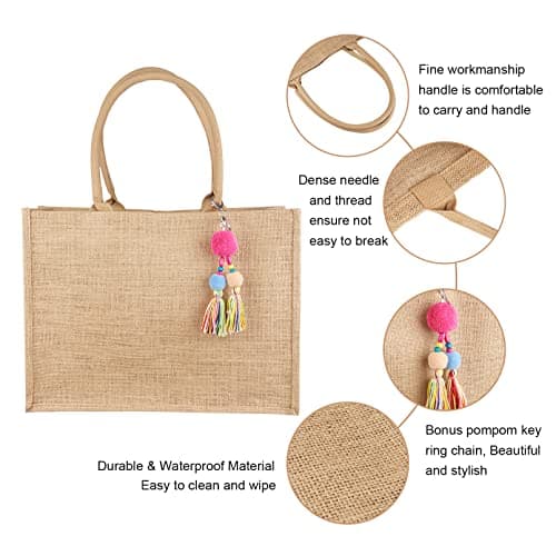 FITDON Jute Tote Bag Women, Large Jute Bag Beach Bag Foldable Waterproof Shopping Bags Handbag for Picnic Travel Shopping Beach and Everyday — view 4