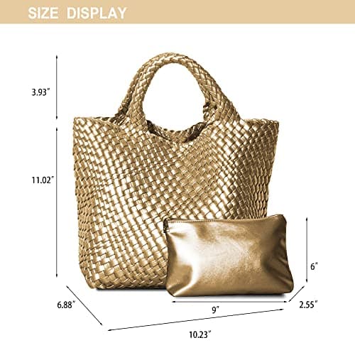 Dyalsa Woven Tote Bag for Women, Vegan Leather Handbag Large Summer Beach Bag and Purse Retro Handmade Travel Shoulder Bag (Gold) — view 6