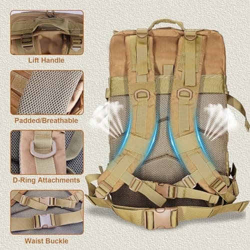 HEMSO Military Tactical Backpack, 45L Outdoor Assault Survival Travel Backpack, Waterproof Backpack, Suitable for Hunting, Hiking & Camping and Other Outdoor Activities (Khaki) — view 5