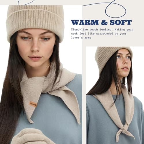 ACUSHLA 100% Merino Wool Triangle Scarf Women Neckerchie, Light Beige — view 3