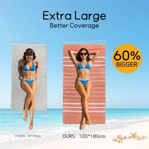 Ouxiaobai Turkish Beach Towel Oversized - 40"x70" Quick Dry Sand Free Thin Beach Towels for Adults, Extra Large Lightweigh Travel Towel(Coral) — view 3