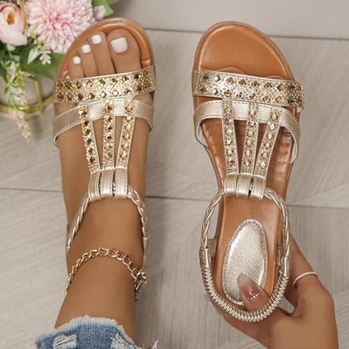 AEHAXGD Rhinestone Wedge Sandals for Women 2026 Summer Orthopedic Bohemia Sparkly T Strap Shoes Embellished Jeweled Beaded Sandals with Elastic Ankle Strap Comfy Cute Sandals for Beach Travel — view 3