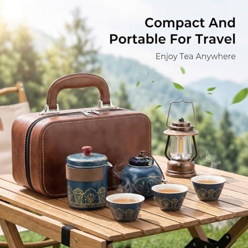 Complete Ceramic Travel Tea Set with Leather Case,Blue Chinese Tea Gift Set with Teapot, 3 Cups & Tea Caddy, Portable Tea Maker for Car, Camping, Office, Home Kitchen Daily Use and Family Tea Time​ — view 3