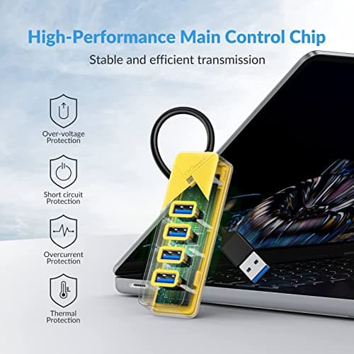 GiGimundo 4-Port USB Hub 3.0 - High-Speed Multiport Adapter for Laptop, Mac, MacBook Air/Pro, PC - Compact, Portable, Plug-and-Play (Yellow, 15 CM) — view 5