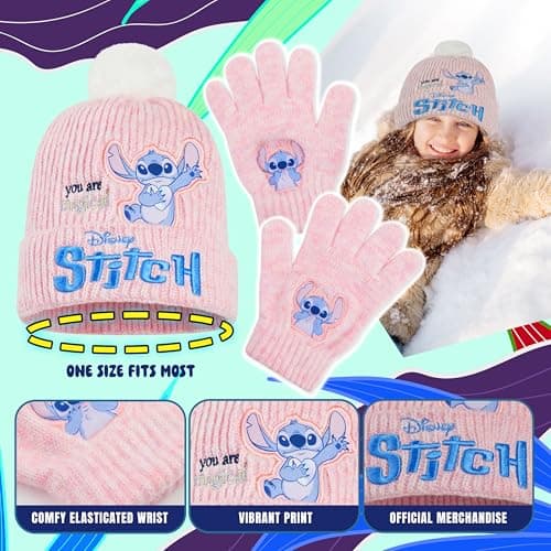 Disney Stitch Girls Beanie Hat and Gloves Kids Teenagers 2 Pcs Winter Accessories Set for School or Travel, Stitch Gifts (6-14 Years, Pink Stitch) — view 5